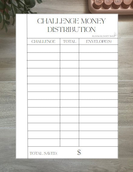 Challenge Money Distribution Sheet - Digitial Download A6 Size